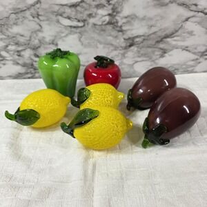 Blown Glass Murano Style Green Pepper Lemons Apple And Purple Eggplant